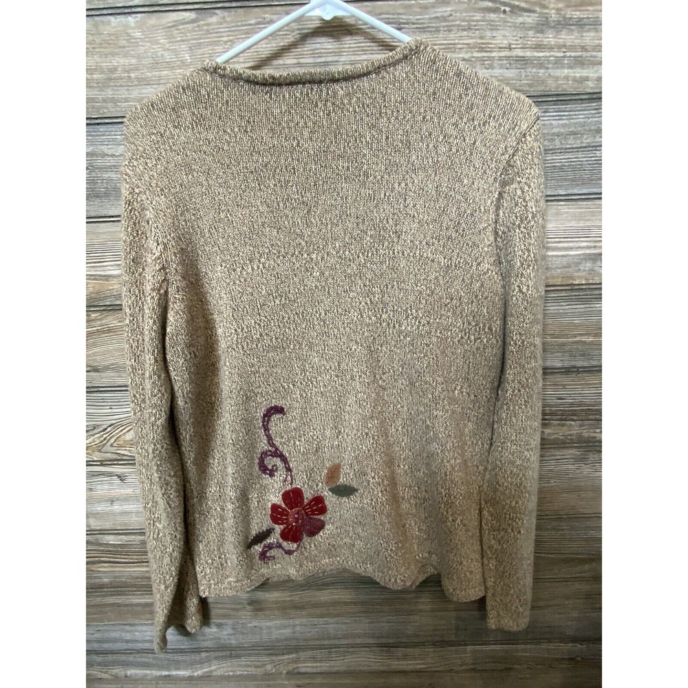 Crazy Horse Liz Claiborne Fall Sweater Cardigan w/ Applique Flowers Zip Petite L - Picture 5 of 6